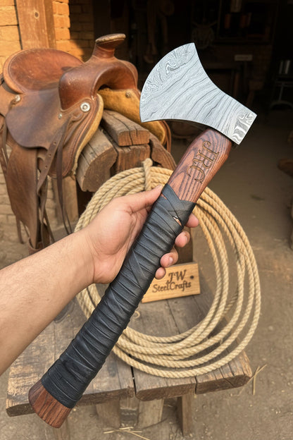 Heavy Duty Damascus Camp Axe with Leather Wrap Handle and Sheath, Hand-Forged Bushcraft Axe | JW SteelCrafts