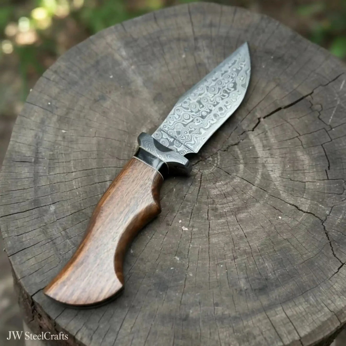 Handmade Damascus Drop Point Hunting Knife with Rose Wood Handle