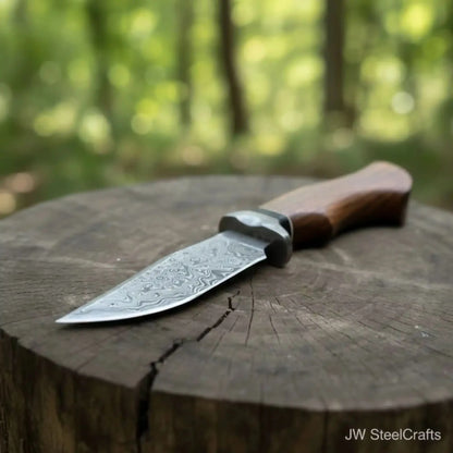 Handmade Damascus Drop Point Hunting Knife with Rose Wood Handle