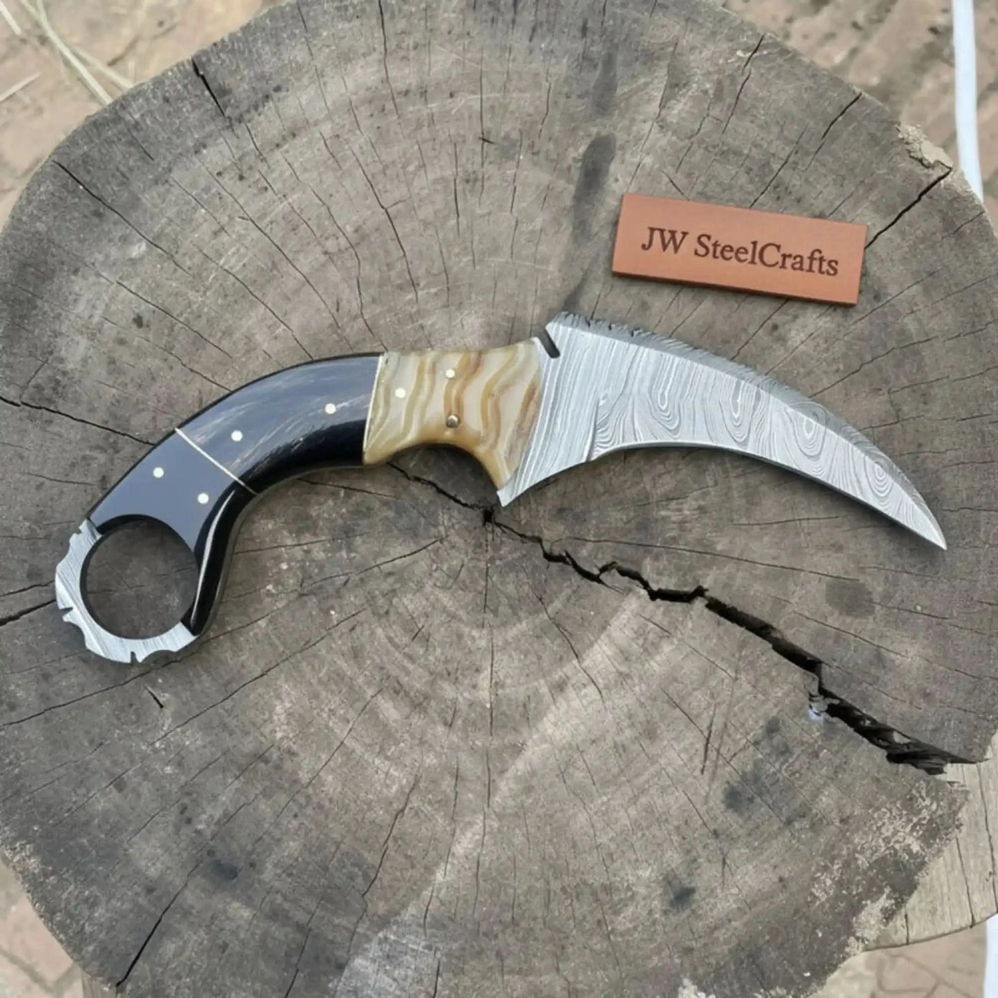 Karambit Style Recurve Knife Damascus Blade Finger Ring Hybrid Handle