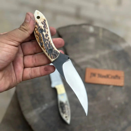 Nessmuk Style Knife Set Damascus and Polished Trailing Point Blades Stag Bone Handles