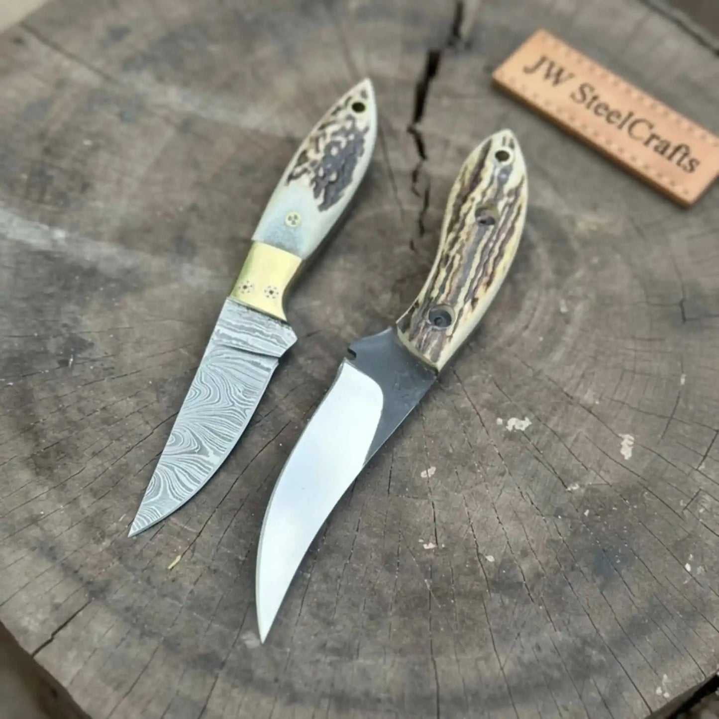 Nessmuk Style Knife Set Damascus and Polished Trailing Point Blades Stag Bone Handles