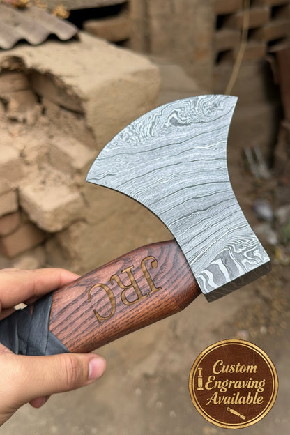 Heavy Duty Damascus Camp Axe with Leather Wrap Handle and Sheath, Hand-Forged Bushcraft Axe | JW SteelCrafts