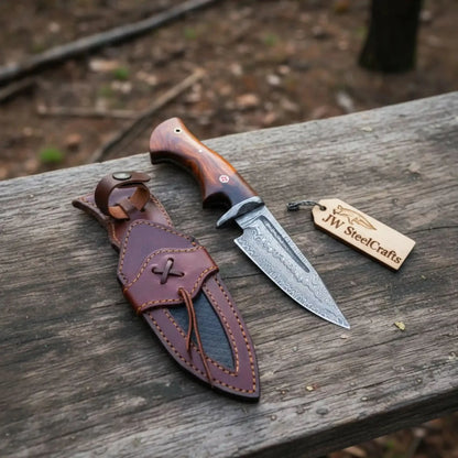 Bobcat Hunting Knife 4” Clip Point Fixed Blade Damascus Steel Guarded Design