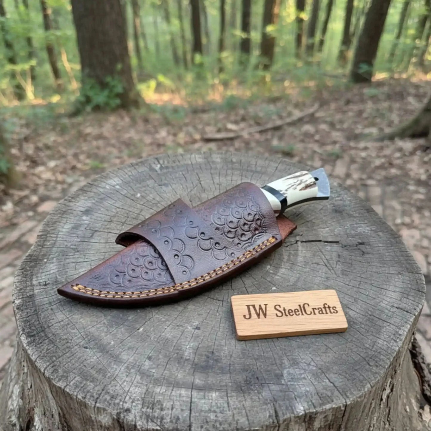 Handmade Damascus Drop Point Skinner Knife with Synthetic Stag Handle