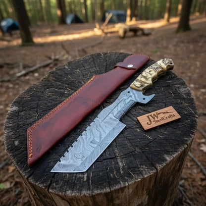 12.5" Full Tang Damascus Blade Hunting Knife Ram's Horn Leather Sheath