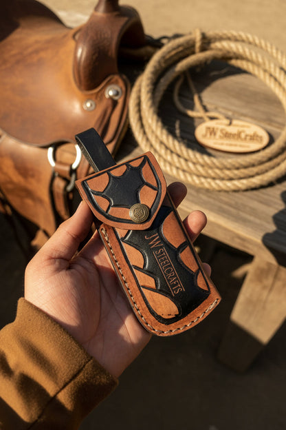 Patriot Damascus Folding Knife 7” opened – American Flag Handle with Leather Sheath