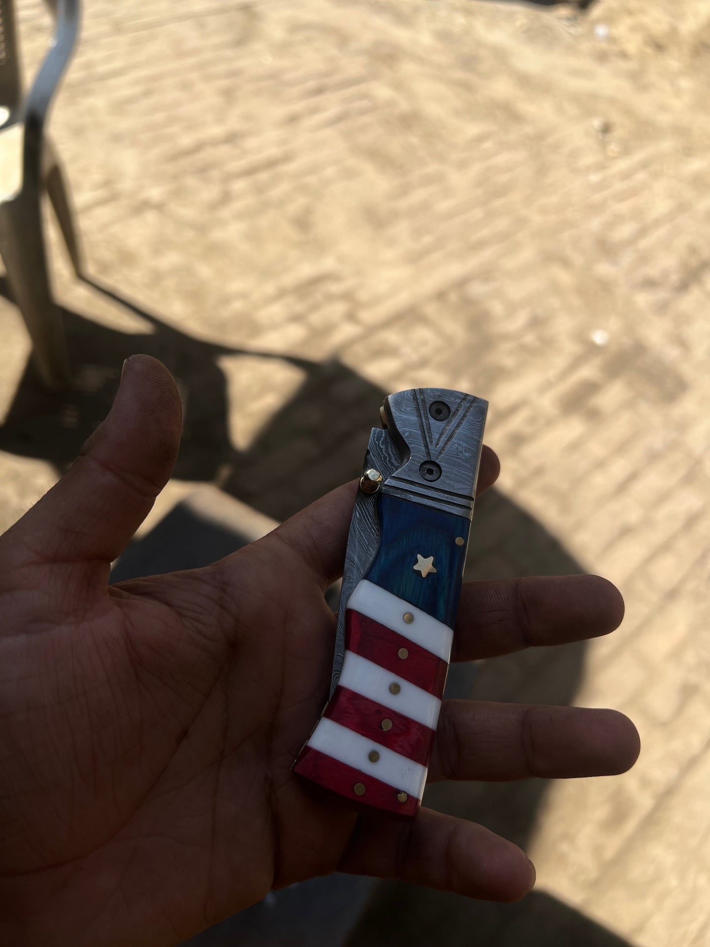 Patriot Damascus Folding Knife 7” opened – American Flag Handle with Leather Sheath