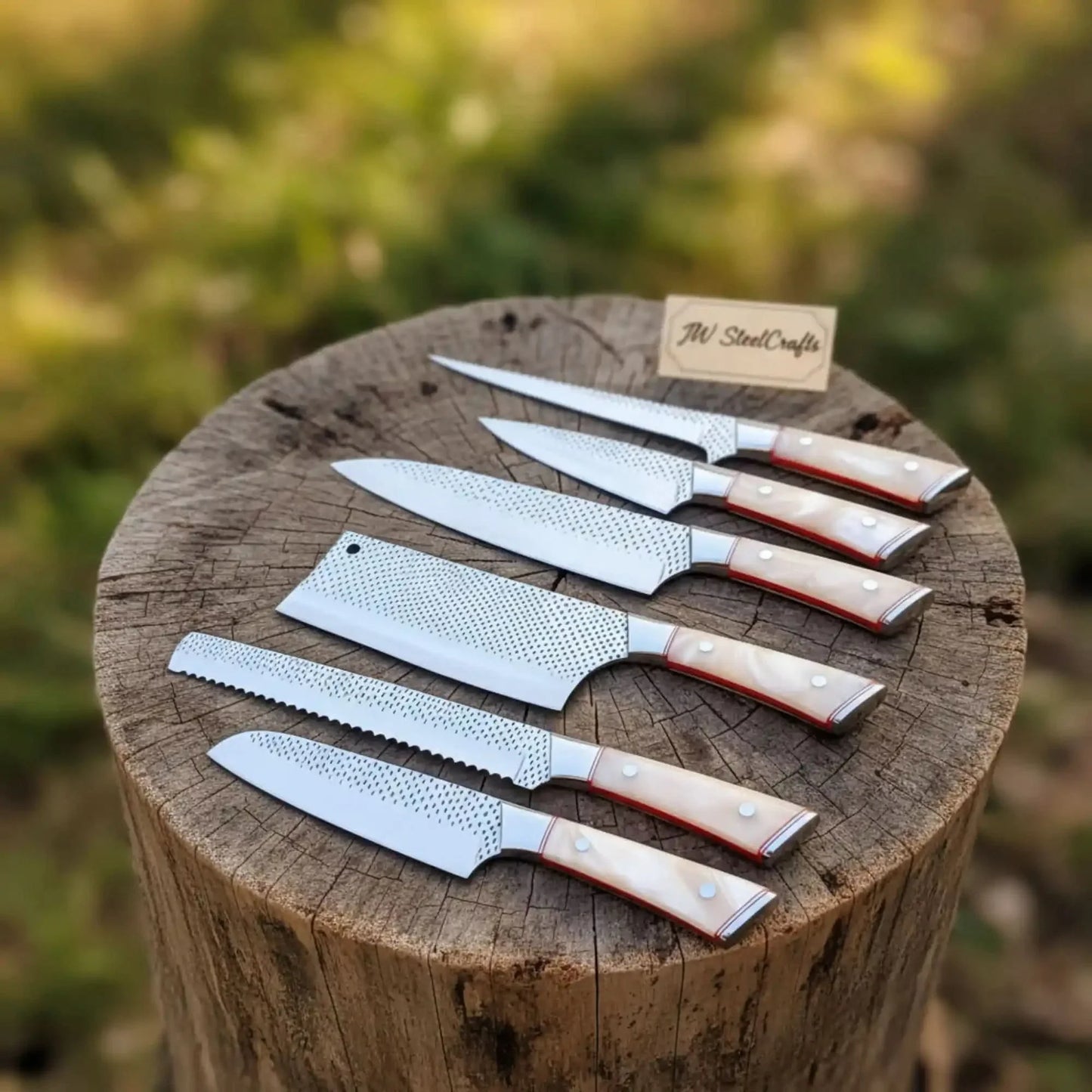 6-Piece Rasp Steel Kitchen Knife Set — Dimple Textured Blades, Cream Resin Handles, Copper Bolsters & Steel Pommels