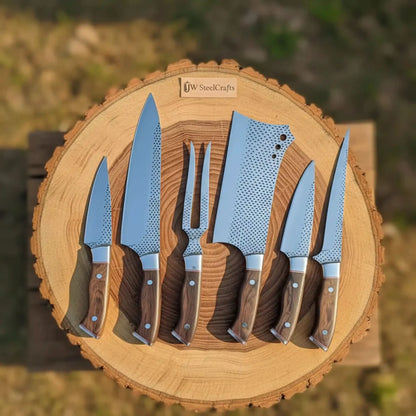 6-Piece Rasp Steel Kitchen Knife Set with Carving Fork — Natural Wood Red Spacer Handles, Steel Bolsters, 7 to 13 Inch