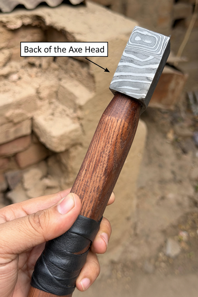 Heavy Duty Damascus Camp Axe with Leather Wrap Handle and Sheath, Hand-Forged Bushcraft Axe | JW SteelCrafts