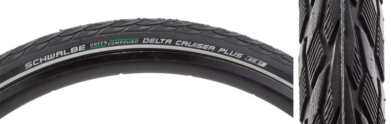Schwalbe Delta Cruiser Plus Hybrid Tire 700x38C Wire Clincher Green Compound PunctureGuard Reflex 50TPI Black