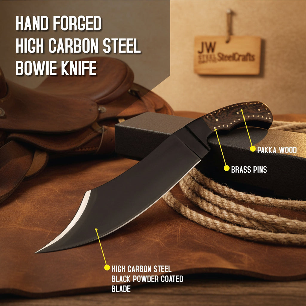 Hand-Forged High Carbon Steel Bowie Knife – 13-Inch Trailing Point