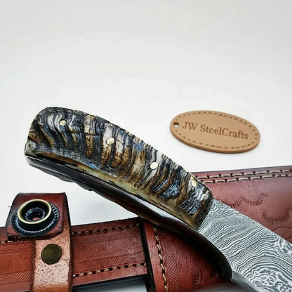 6 Inch Damascus Steel Skinner Knife with Ram Horn Handle and Leather Sheath