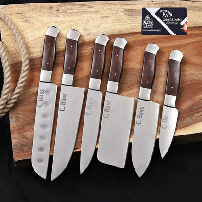 6-Piece High Carbon Steel Kitchen Knife Set with Leather Roll — Olive Wood Handles, Steel Bolsters, 7 to 12 Inc