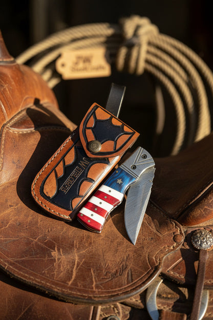 Patriot Damascus Folding Knife 7” opened – American Flag Handle with Leather Sheath