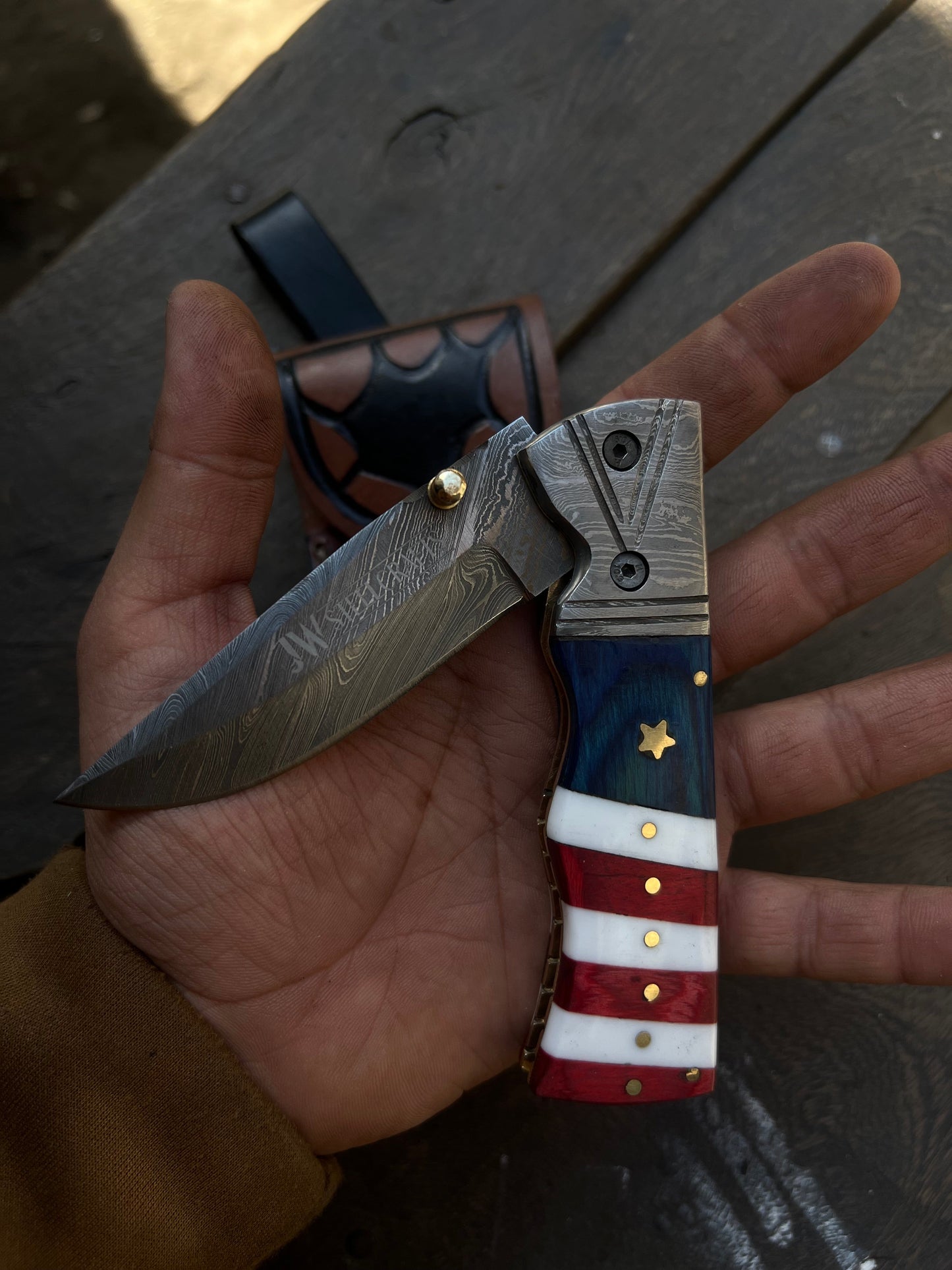 Patriot Damascus Folding Knife 7” opened – American Flag Handle with Leather Sheath