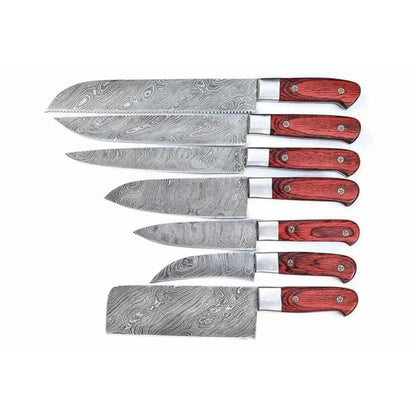 7-Piece Damascus Kitchen Knife Set — Chef, Nakiri, Bread Knife and Cleaver, Red Pakka Wood Handles