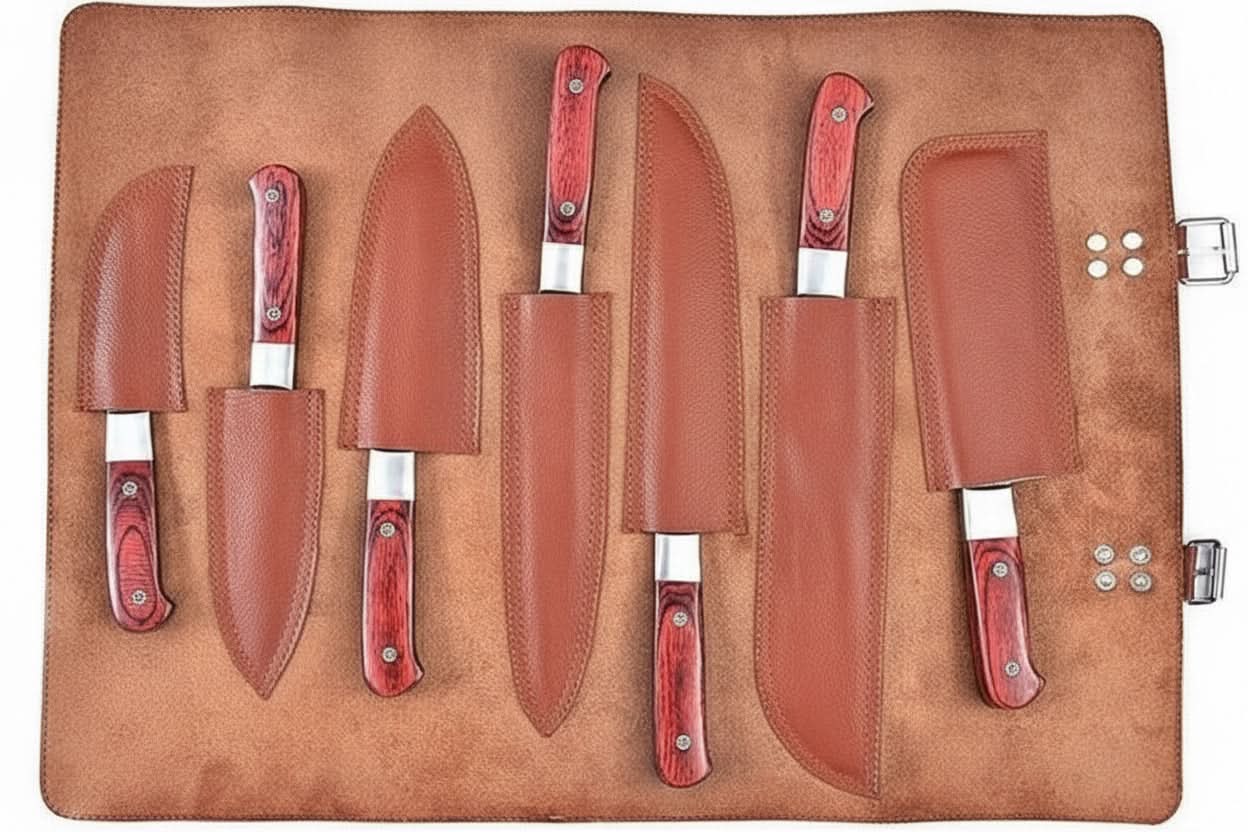7-Piece Damascus Kitchen Knife Set — Chef, Nakiri, Bread Knife and Cleaver, Red Pakka Wood Handles