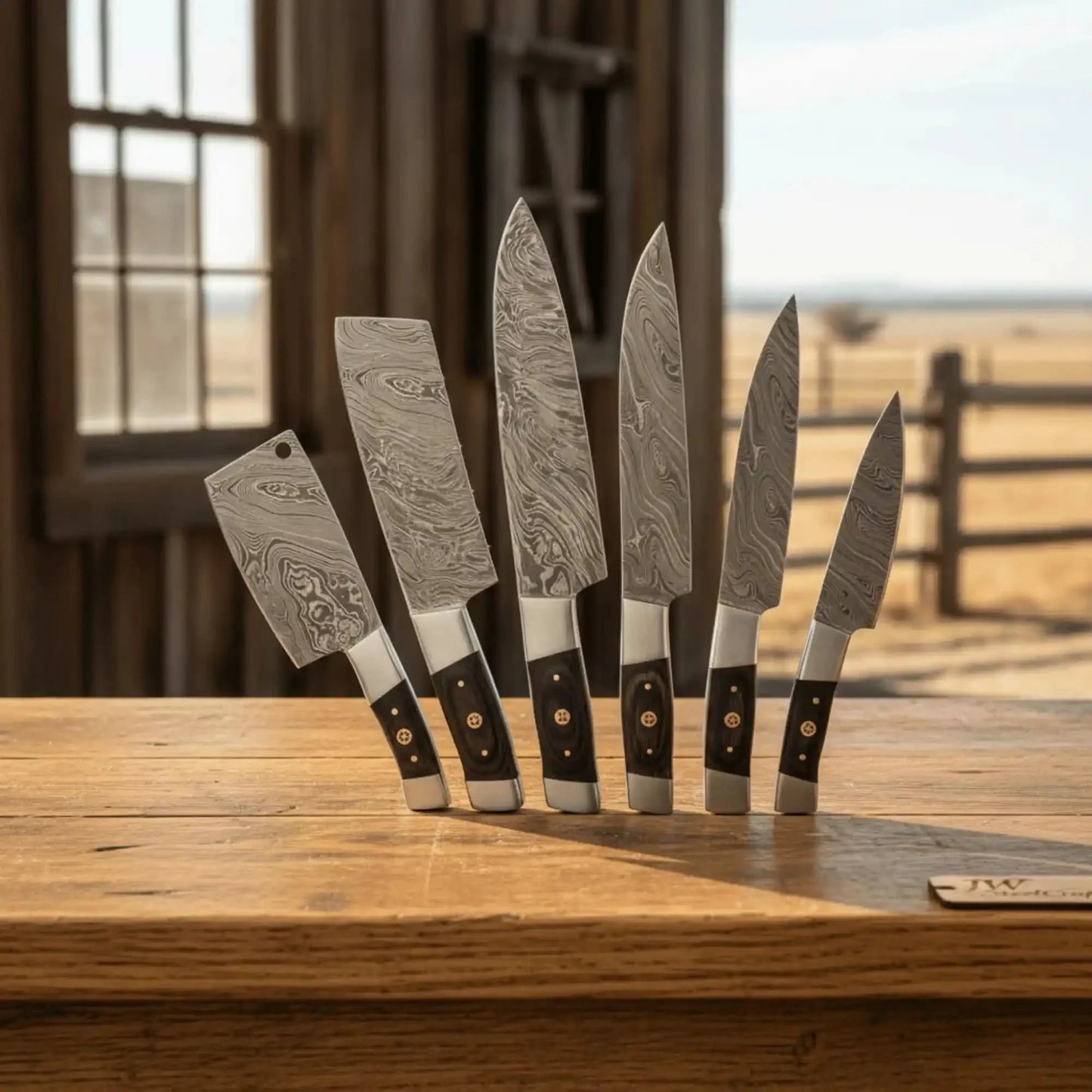 7-Piece Damascus Kitchen Knife Set — Chef, Santoku, Nakiri, Cleaver, Slicing, Utility & Paring