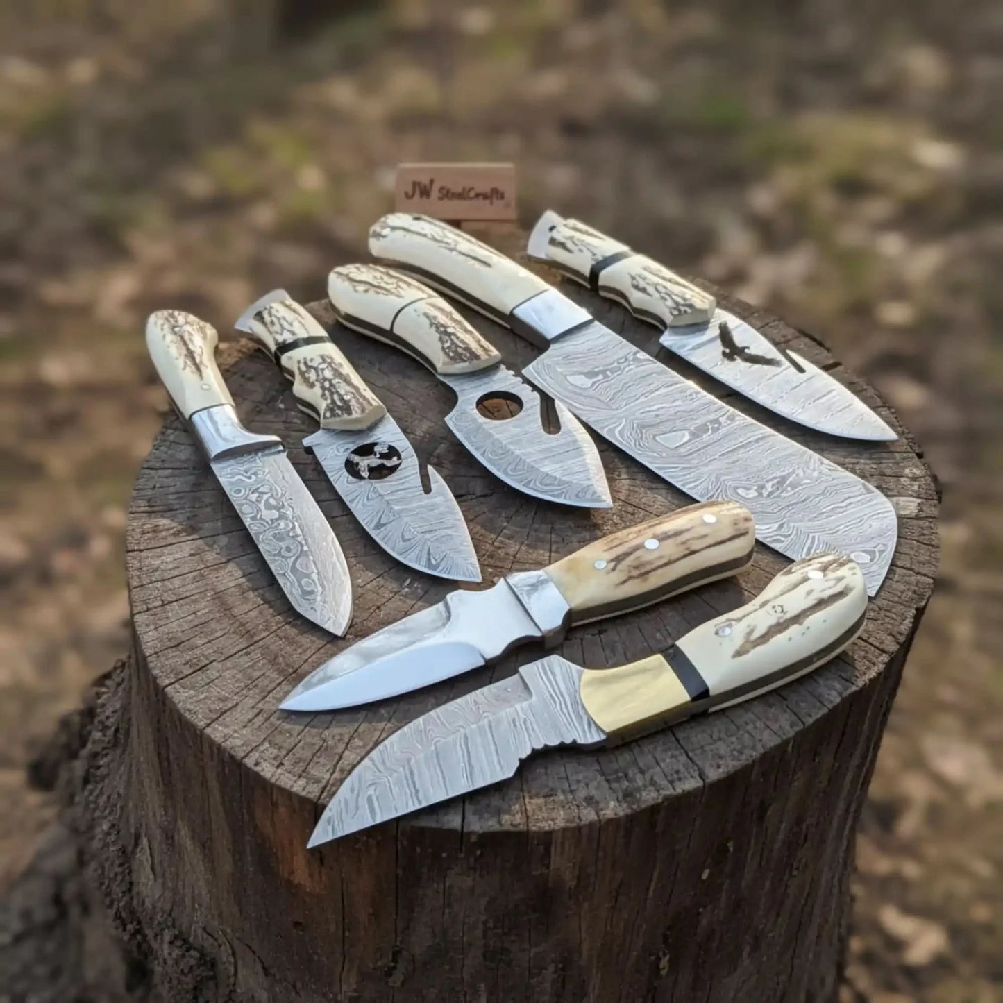 7 Piece Damascus Steel Knife Set with Synthetic Antler Handles