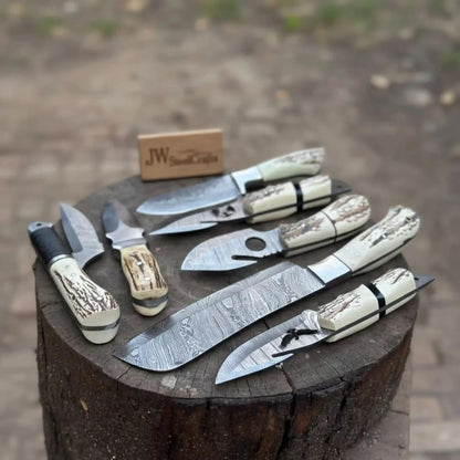 7 Piece Damascus Steel Knife Set with Synthetic Antler Handles