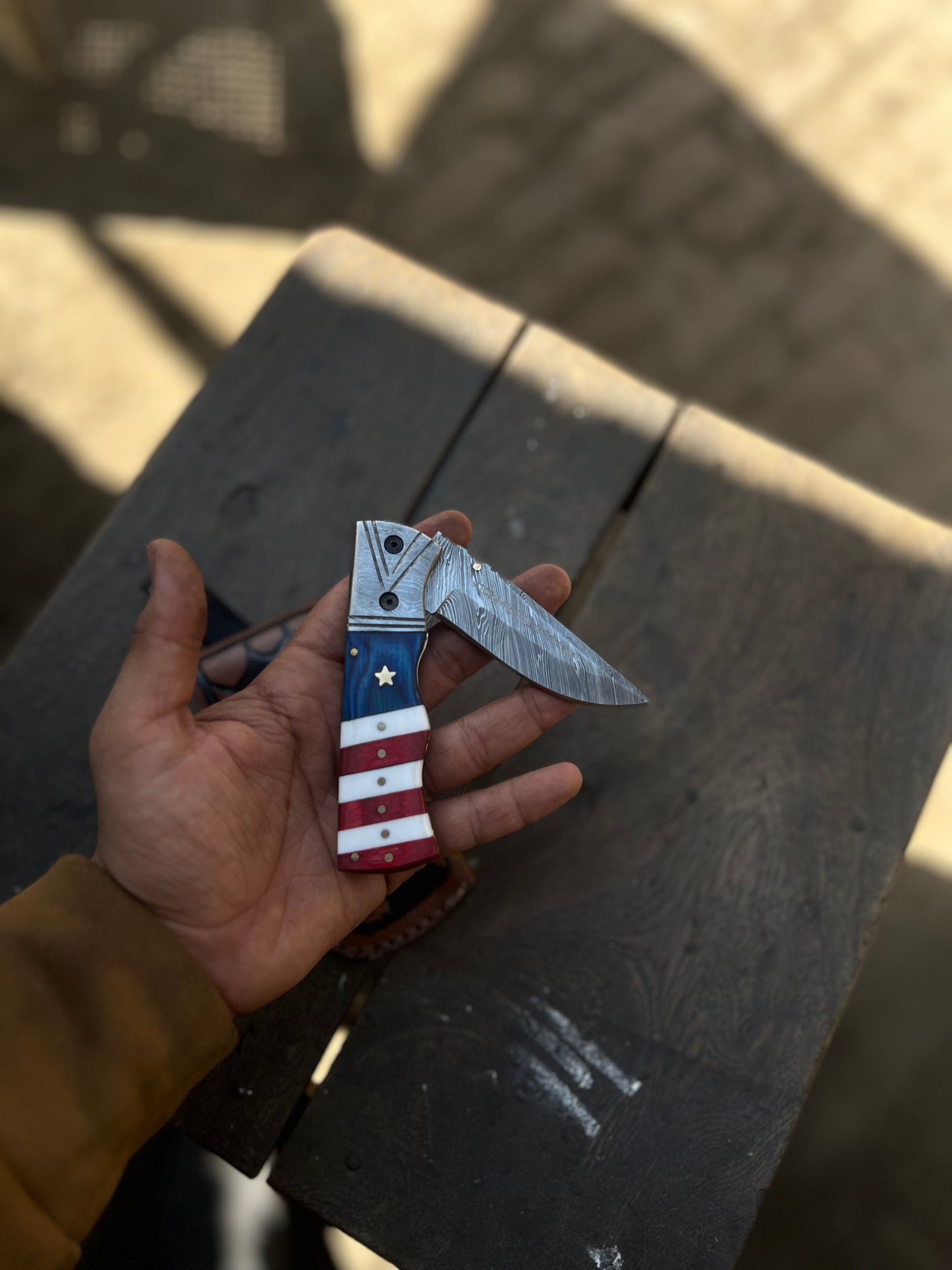 Patriot Damascus Folding Knife 7” opened – American Flag Handle with Leather Sheath