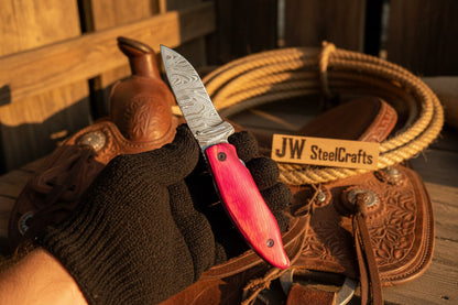 Pink Pakka Wood Damascus Folding Knife 7” – Handmade Persian EDC Pocket Knife