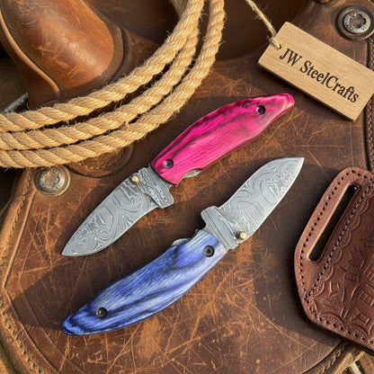 Persian Damascus Folding Knife Set 7” opened Pink & Blue Pakka Wood EDC Blades