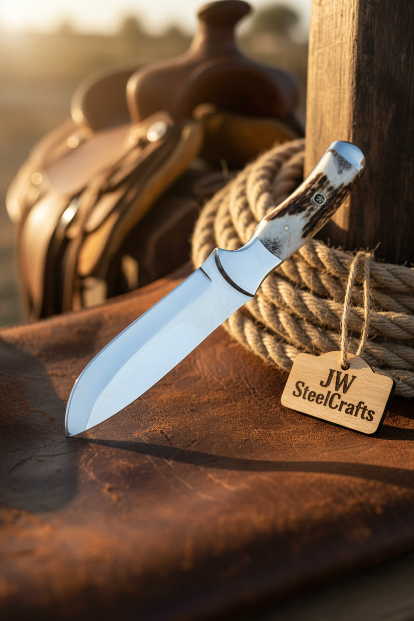 Drop Point Bushcraft Knife 10” – Polished Steel Blade with Natural Stag Handle