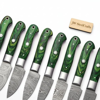 8-Piece Damascus Steak Knife — Twisted Damascus Blades, Green Pakka Wood Handles
