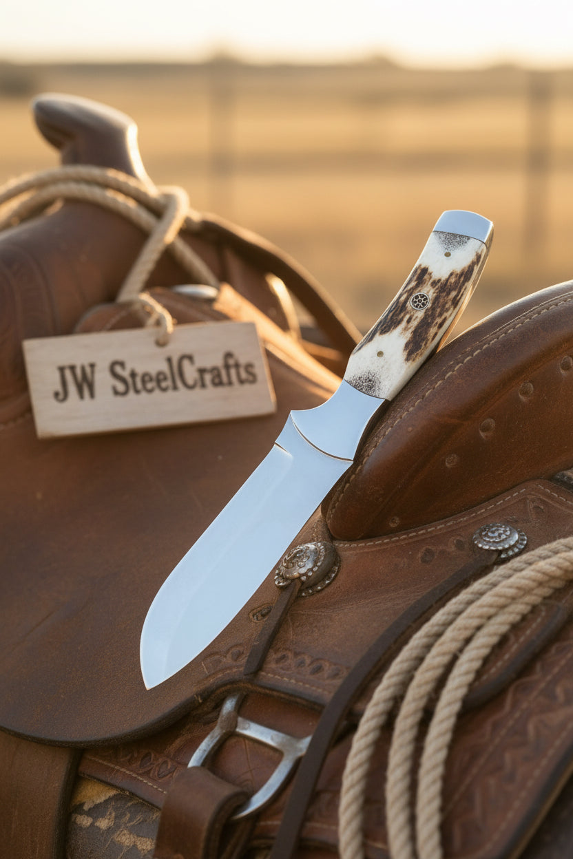 Drop Point Bushcraft Knife 10” – Polished Steel Blade with Natural Stag Handle