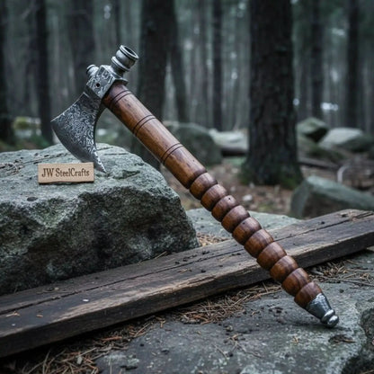 Hand Forged Damascus Smoking Axe with Ringed Hardwood Handle and Leather Sheath | JW SteelCrafts