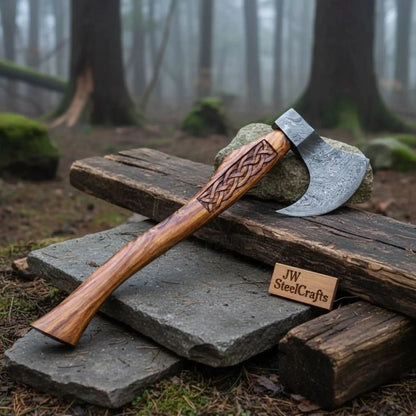 Hand Forged Damascus Bearded Viking Axe, Carved Rosewood Handle Nordic Bushcraft Hatchet | JW SteelCrafts