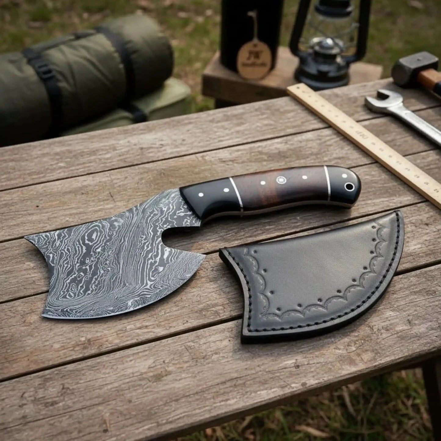 Damascus Bearded Hatchet with Contoured Full Tang Handle