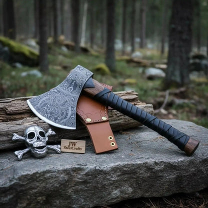 Heavy Duty Damascus Camp Axe with Leather Wrap Handle and Sheath, Hand-Forged Bushcraft Axe | JW SteelCrafts