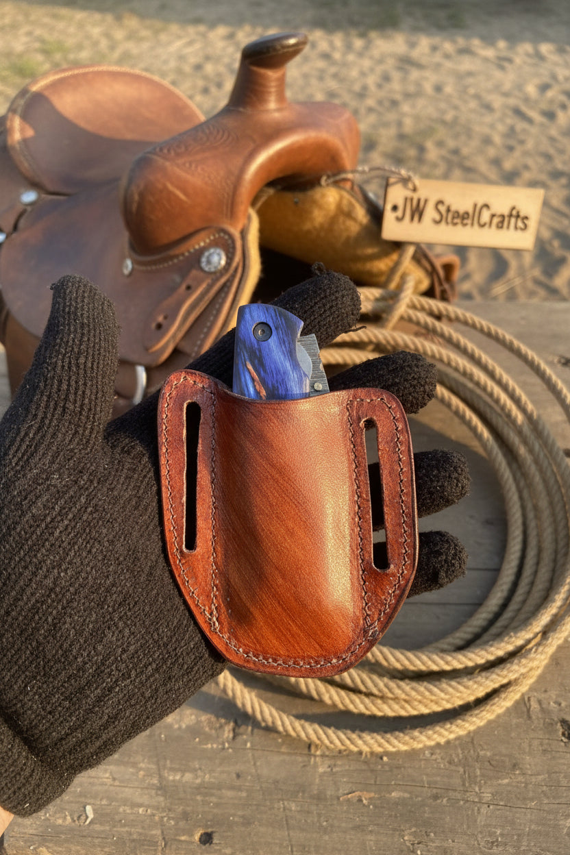 Hand Forged Damascus Gentleman’s Folding Knife Blue Pakkawood Handle Liner Lock EDC