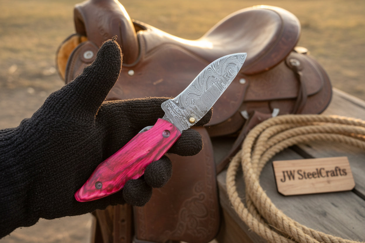 Pink Pakka Wood Damascus Folding Knife 7” – Handmade Persian EDC Pocket Knife