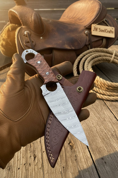 Damascus Hunting Skinner Knife Brown Micarta | Handle and Leather Sheath