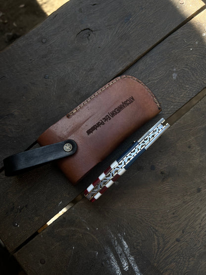 Patriot Damascus Folding Knife 7” opened – American Flag Handle with Leather Sheath