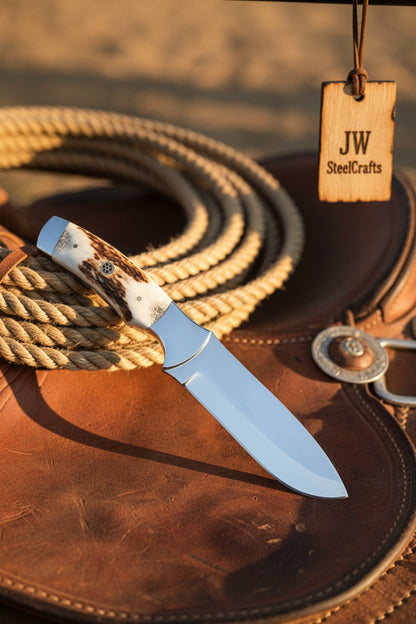 Drop Point Bushcraft Knife 10” – Polished Steel Blade with Natural Stag Handle