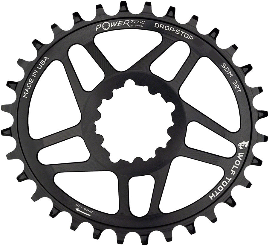 Wolf Tooth Elliptical Direct Mount Chainring - 32t SRAM Direct Mount Drop-Stop For SRAM 3-Bolt Cranksets 6mm Offset BLK