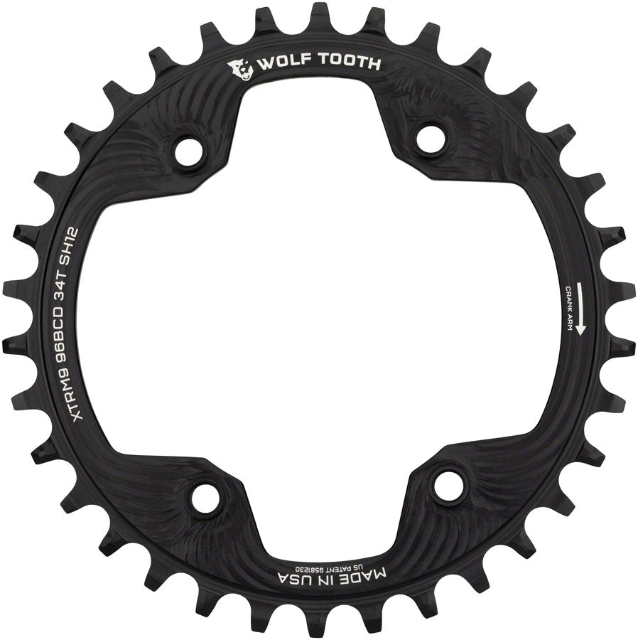 Wolf Tooth 96 BCD Chainring - 34t 96 Asymmetric BCD 4-Bolt For Shimano Cranks Drop-Stop ST Requires 12-Speed HG+ Chain BLK