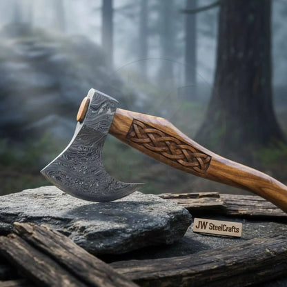 Hand Forged Damascus Bearded Viking Axe, Carved Rosewood Handle Nordic Bushcraft Hatchet | JW SteelCrafts