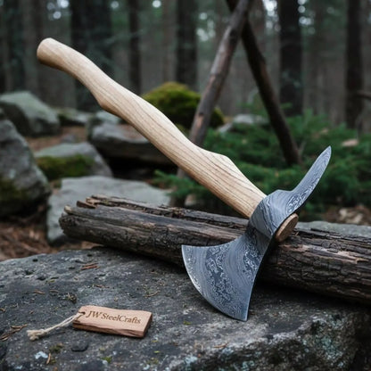 Damascus Camping Axe with 22 Inch Ash Handle – Hand Forged Bushcraft Axe with Leather Sheath | JW SteelCrafts