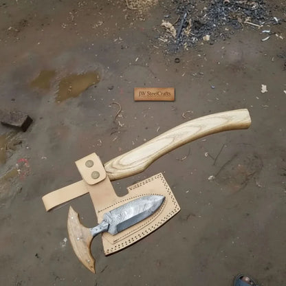 Handmade Damascus Steel Viking Axe and Matching Knife Set with Ash Wood Handle and Leather Sheath