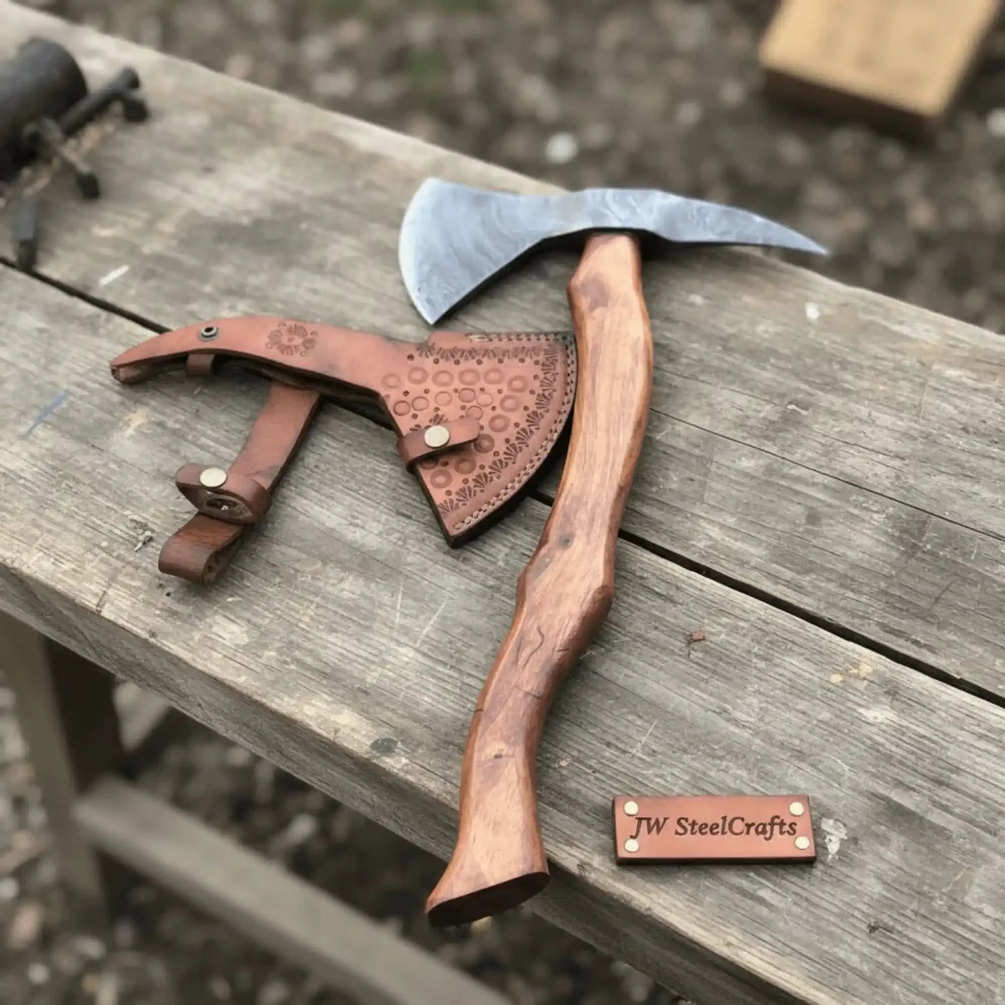 Camping Axe Damascus Steel 20 Inch Rosewood Handle with Leather Sheath