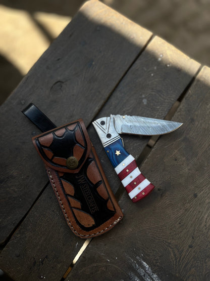 Patriot Damascus Folding Knife 7” opened – American Flag Handle with Leather Sheath