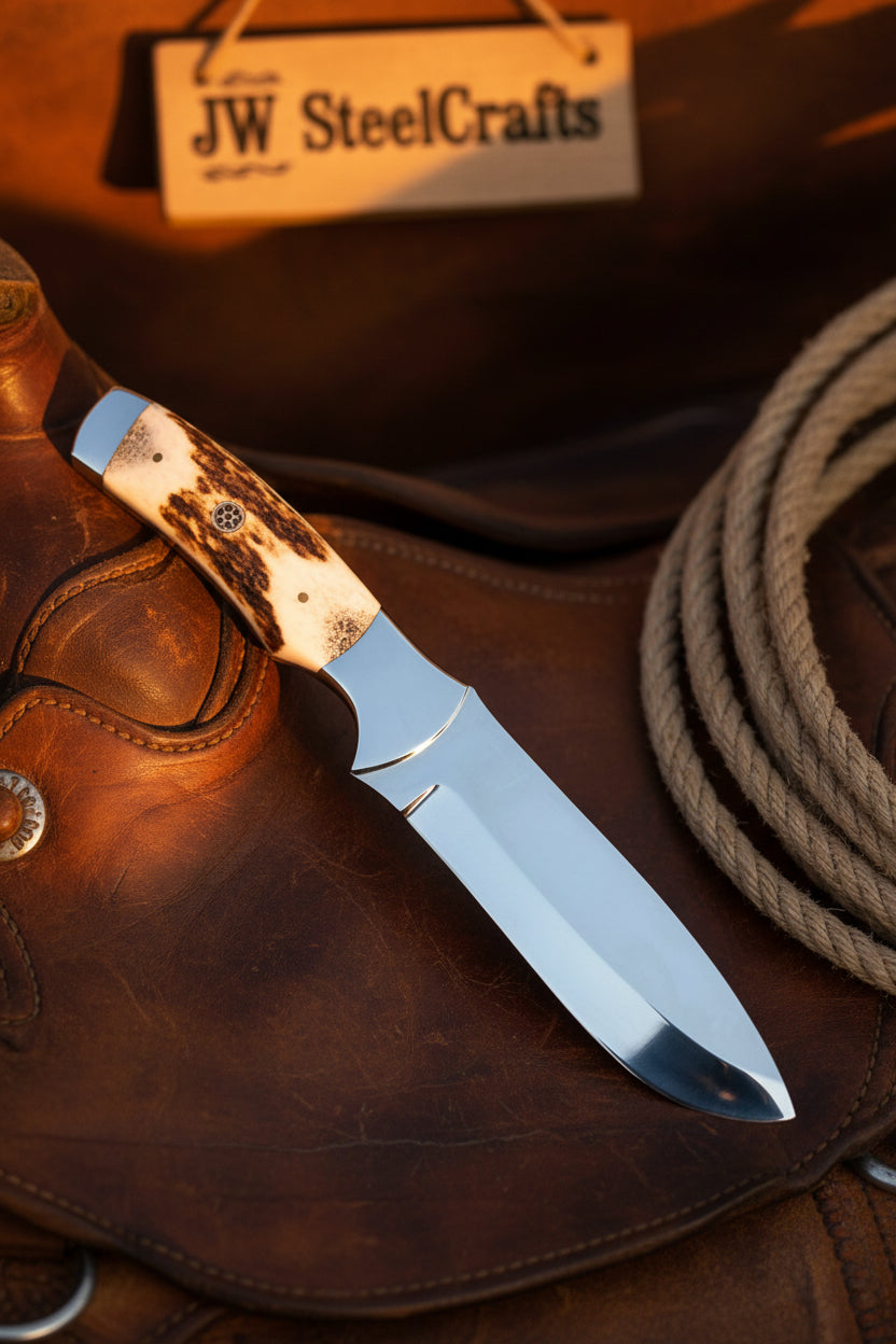 Drop Point Bushcraft Knife 10” – Polished Steel Blade with Natural Stag Handle