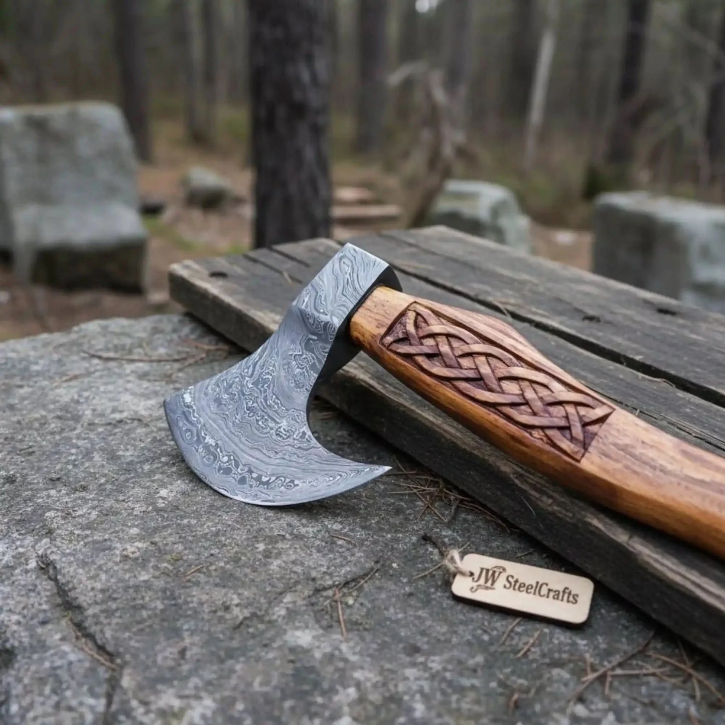 Hand Forged Damascus Bearded Viking Axe, Carved Rosewood Handle Nordic Bushcraft Hatchet | JW SteelCrafts